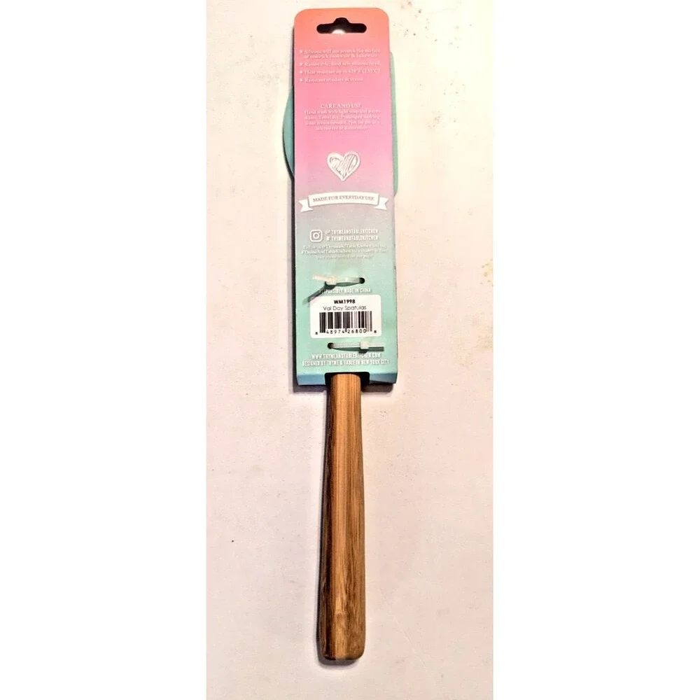 Pink Hearts on Blue Pointed Spatula Silicone Bamboo Wood Handle w/ Measurements